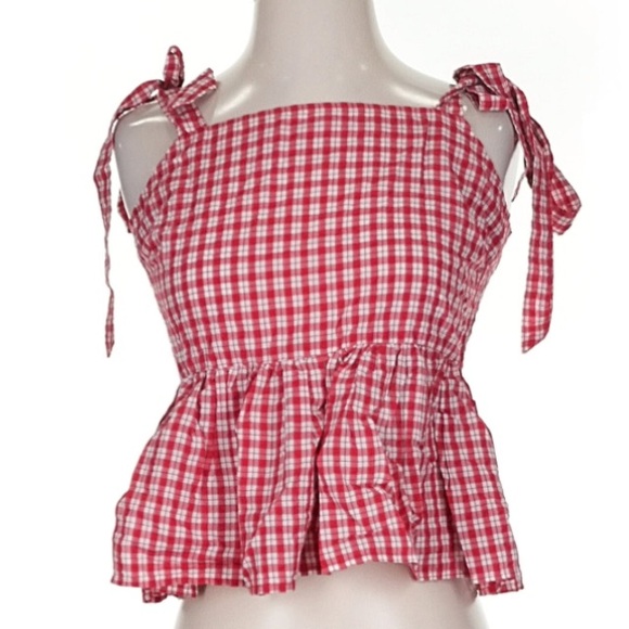 NWT MADEWELL Sleeveless Tie Shoulder Peplum Smocked Back Plaid Top Size Small - Picture 4 of 6